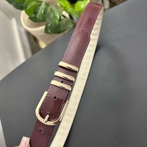Burgundy Leather Belt with Gold Buckle